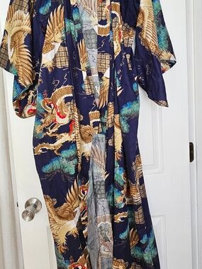 Women's Navy Dragon & Crane Printed Kimono Robe Witg Belt
